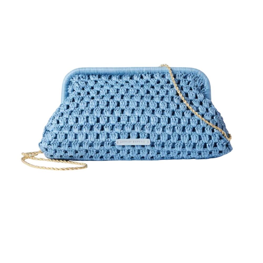 Loeffler Randal Blue Raffia Trudie Frame Clutch Crossbody Designer 13x7x4 $325